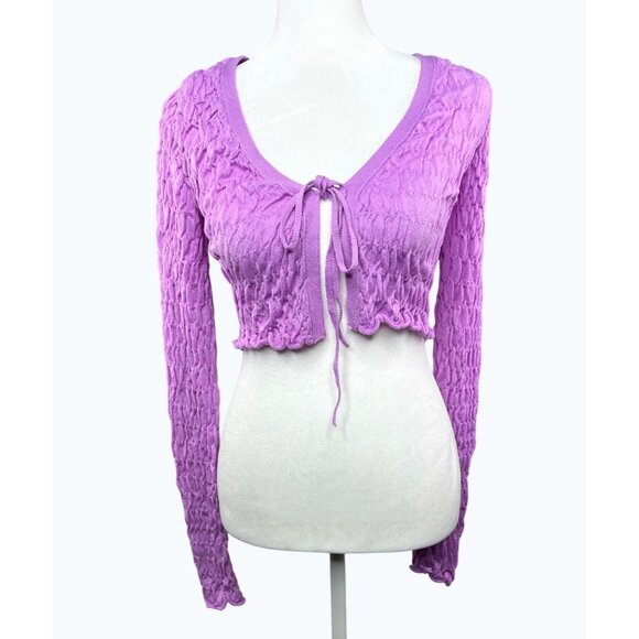Free People Scrunchy Shrug Purple Long Sleeve Cropped Tie Front Cardigan Size XS - Picture 12 of 14